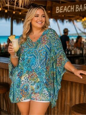 Ralph Lauren Vibrant Blue Paisley 100% Linen Pull-over Tunic